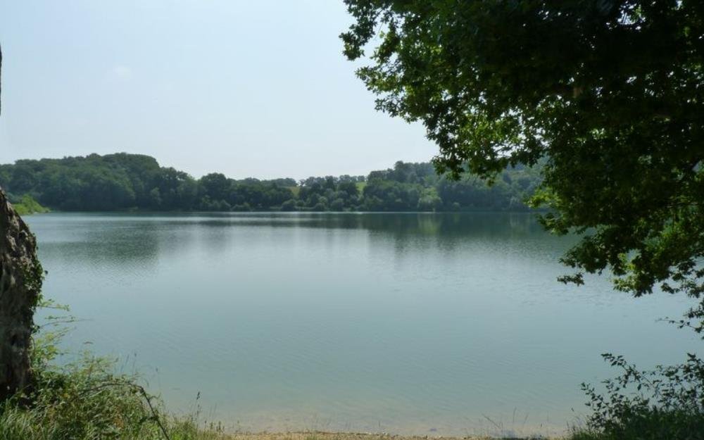 Aerial shot of Lac de Corbères-Abères,  Corbères-Abères, France