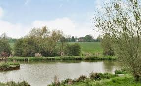 Aerial shot of Three Island Lake Fishery,  Stewkley, UK