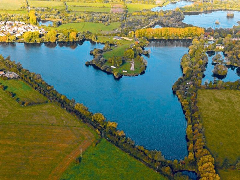 Aerial shot of Horseshoe Lake,  Little Faringdon, UK