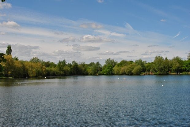 Aerial shot of Big Lake,  Aldershot, UK