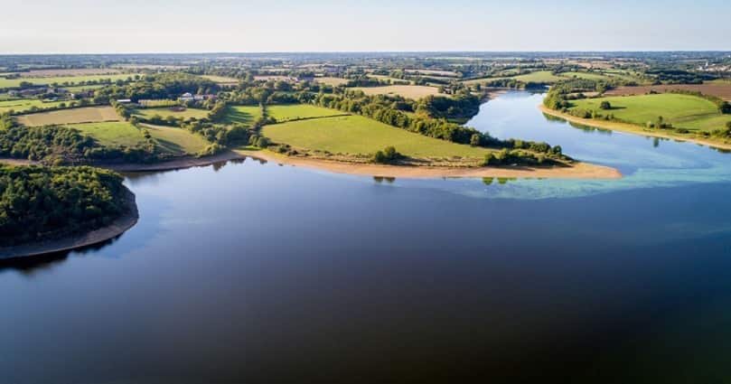 Aerial shot of Le lac du Marillet,  Lac du Marillet, France