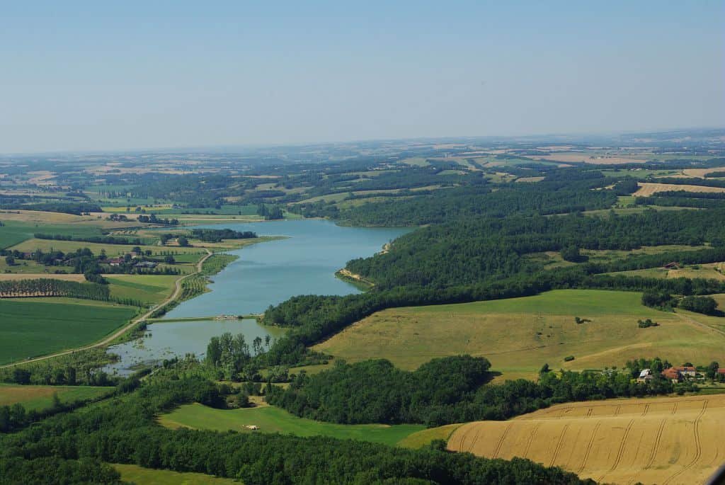 Aerial shot of Lac du Lizet,  Montesquieu, France