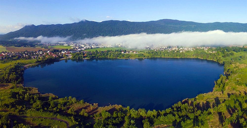 Aerial shot of Bear Lake, Slovenia.