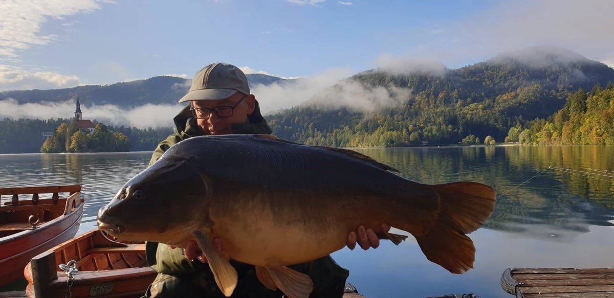 Angler holding carp caught on Lake Bled in Slovenia, Europe