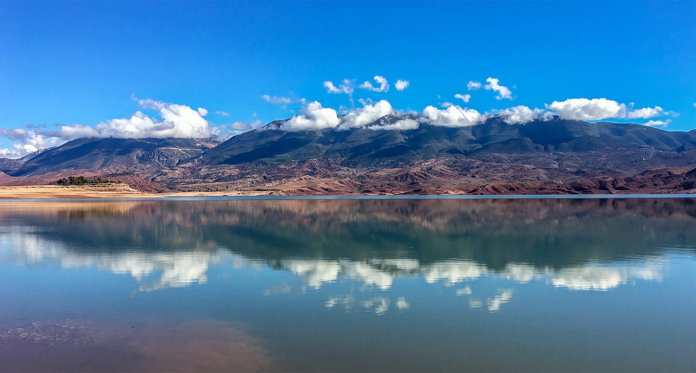 View over lake Bin El Ouidane in Morocco with Atlas mountains in background