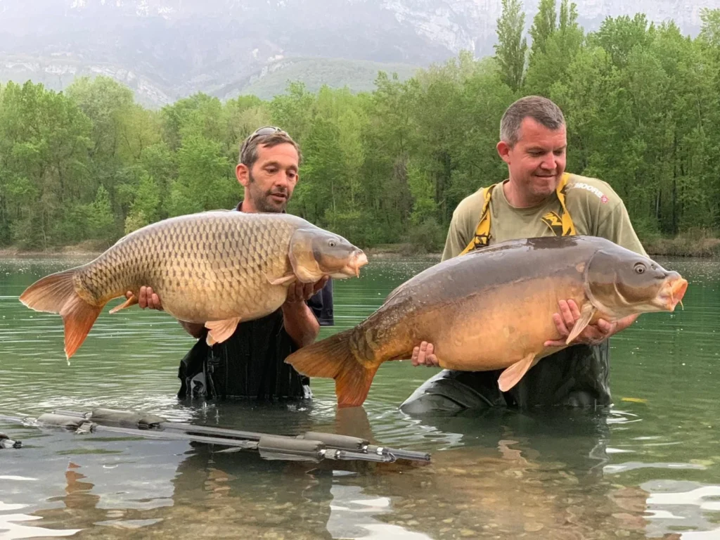 Two men holding large fish in a lake.