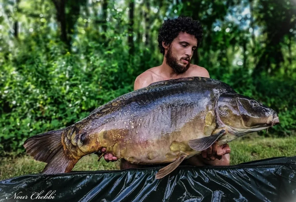 Man holding large carp in forest. Fishing success.