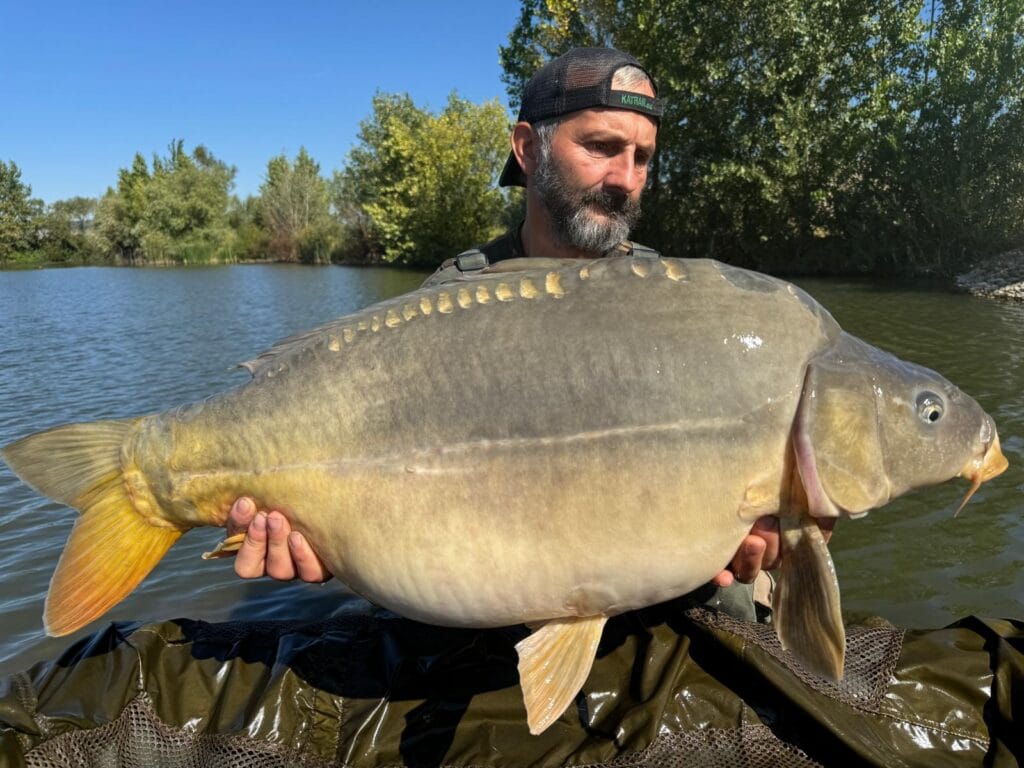 Angler holding a large carp by the lake.