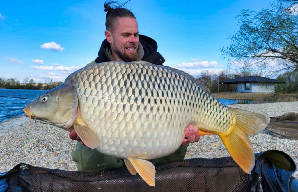 Person holding large fish by lakeside.