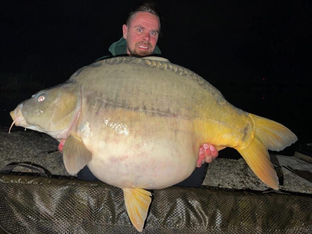 Person holding giant carp fish at night