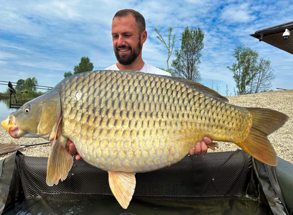 Man holding large carp by a lake.