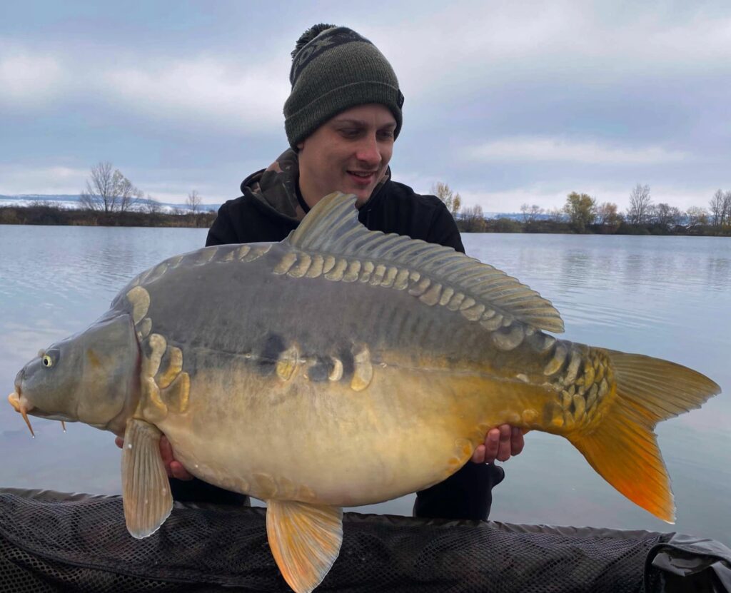 Angler holding large carp by a lake.