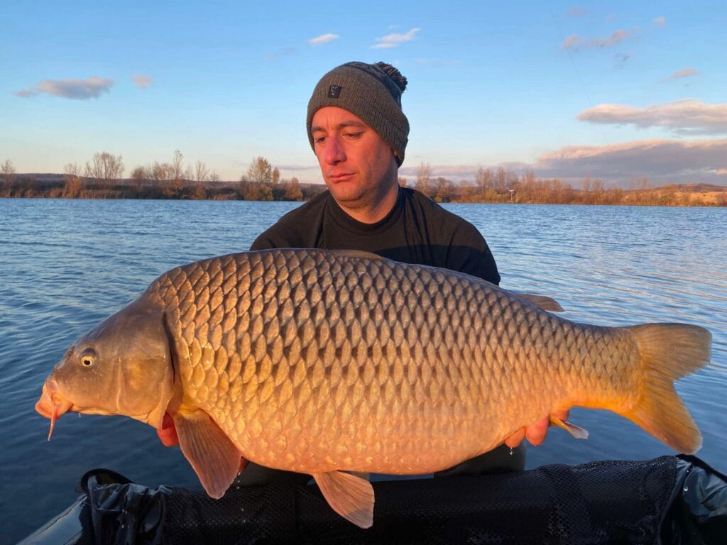 Person holding a large carp fish by the lake.