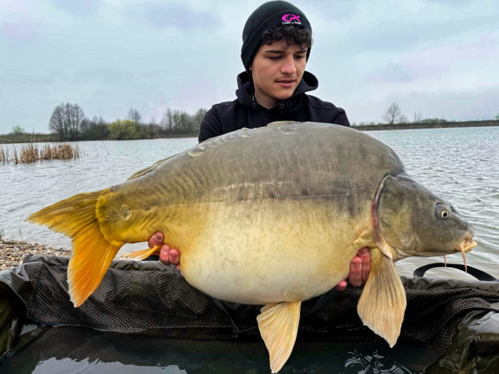 Person holding large fish by a lake.