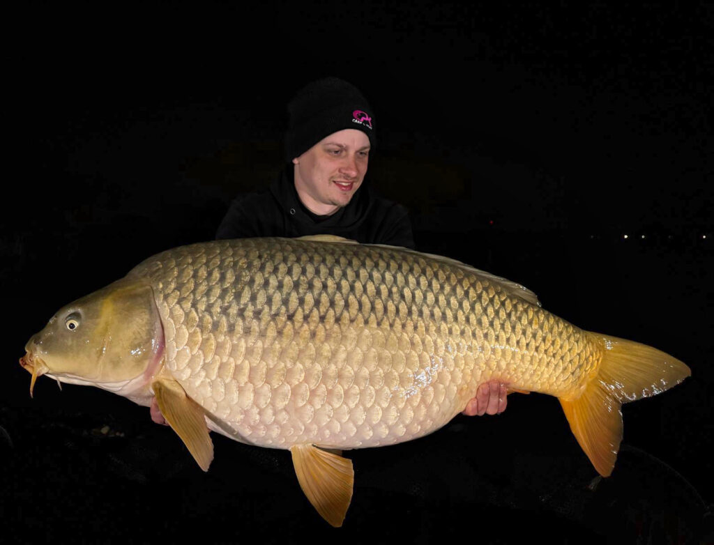 Person holding large carp fish at night.
