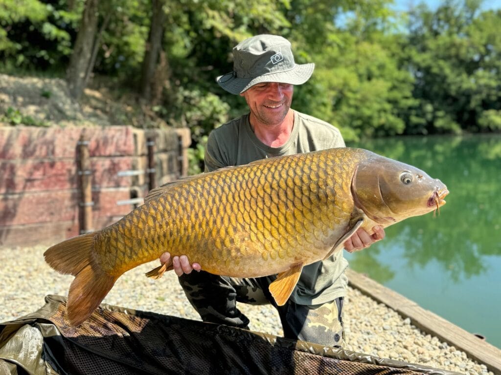 Person holding large carp fish by a lake.